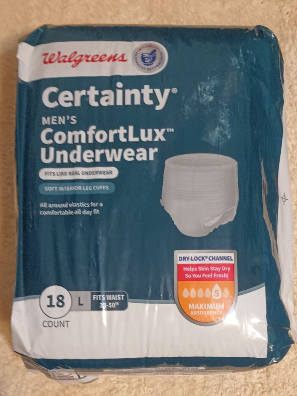 NWT ~ Walgreens' Certainty Men's ComfortLux Underwear Size:  Large, 18 ct. pkg.